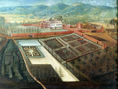 Gemüsegarten, Detail der Panoramansicht von Charlton Park, ca. 1745 (Detail) von Thomas Robins